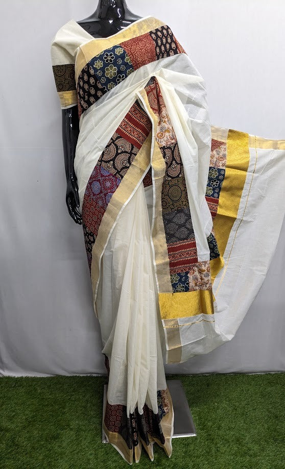 Ajrakh Cotton Patch Border Kerala Cotton Saree with Blouse-KIA001KSAP