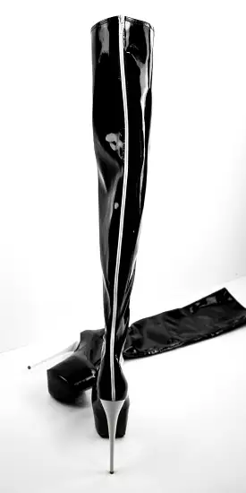 Black Gloss White Back Zipper High Heel Thigh High Boots