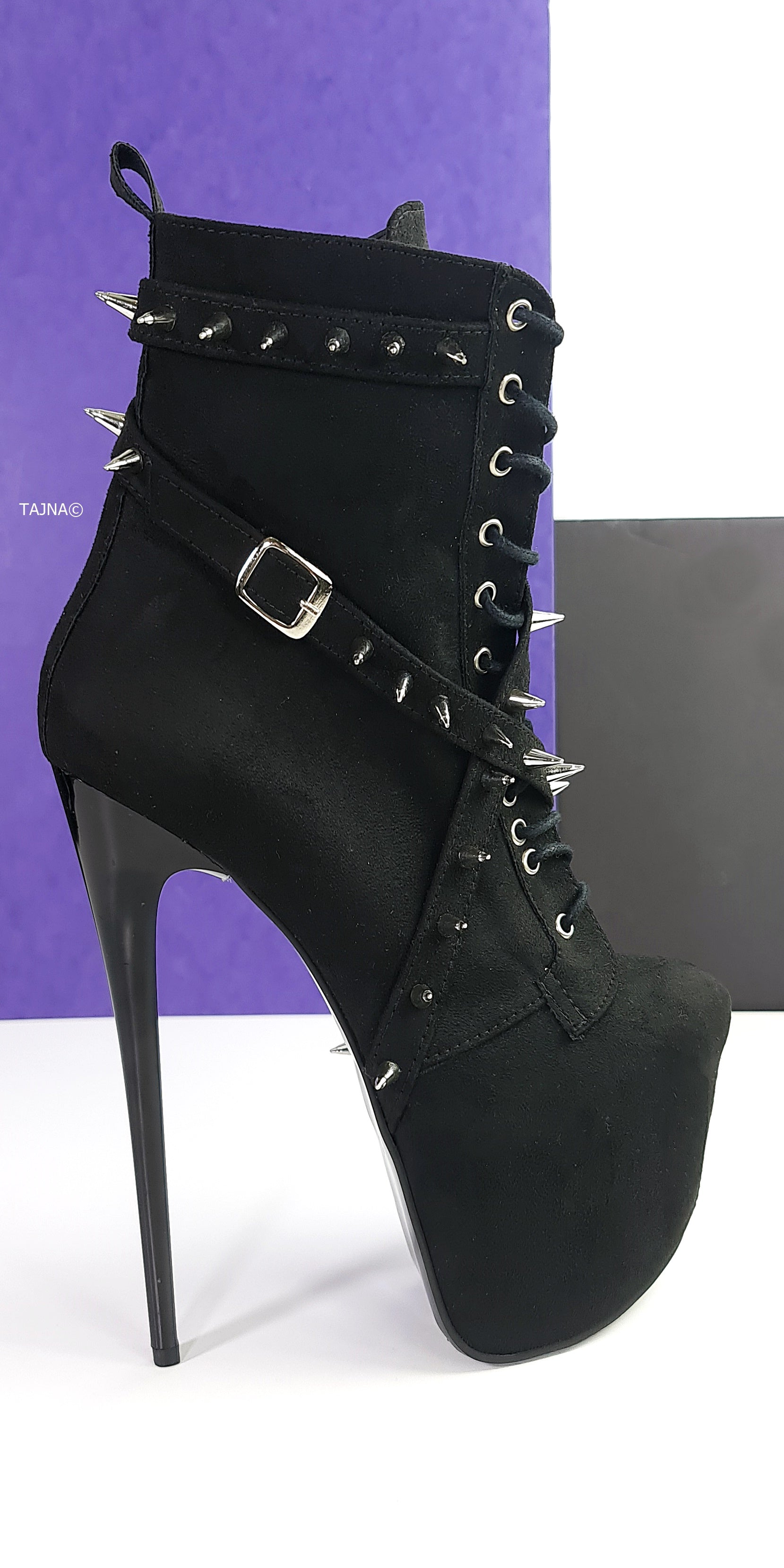 Black Suede Long Spike Studs Rocker Boots