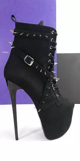 Black Suede Long Spike Studs Rocker Boots