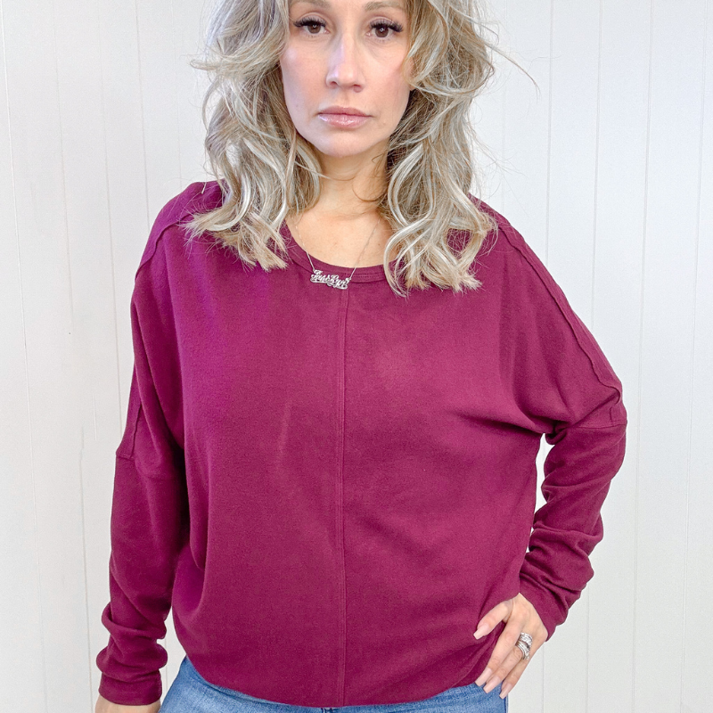 Burgundy Brushed Knit Dolman Sleeve Pullover