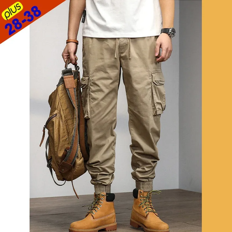 Casual Fashion Men's Elastic Mid Waist Multi Pocket Cargo Pants Trousers