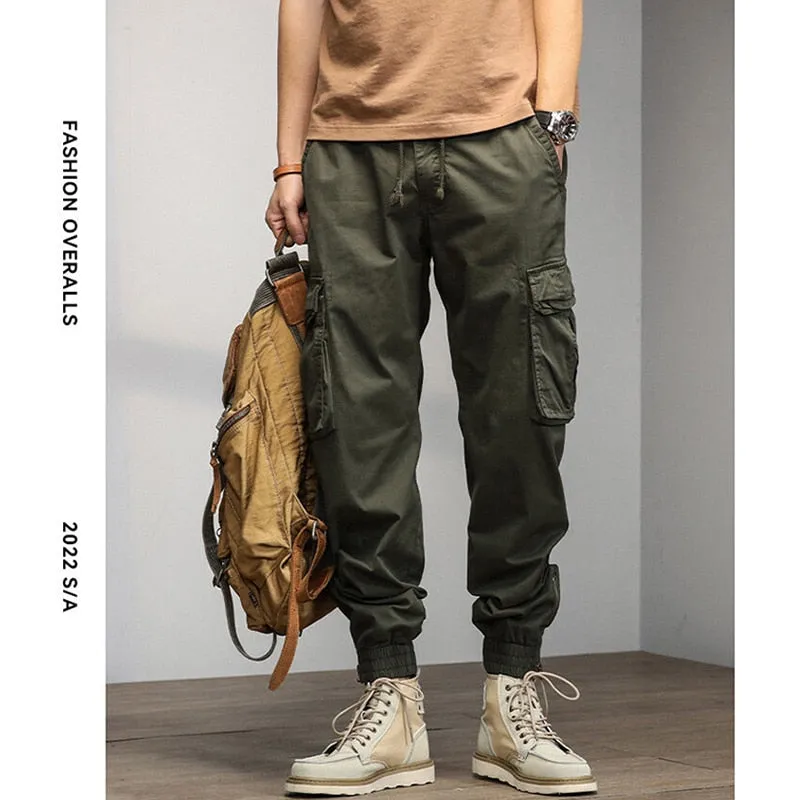 Casual Fashion Men's Elastic Mid Waist Multi Pocket Cargo Pants Trousers