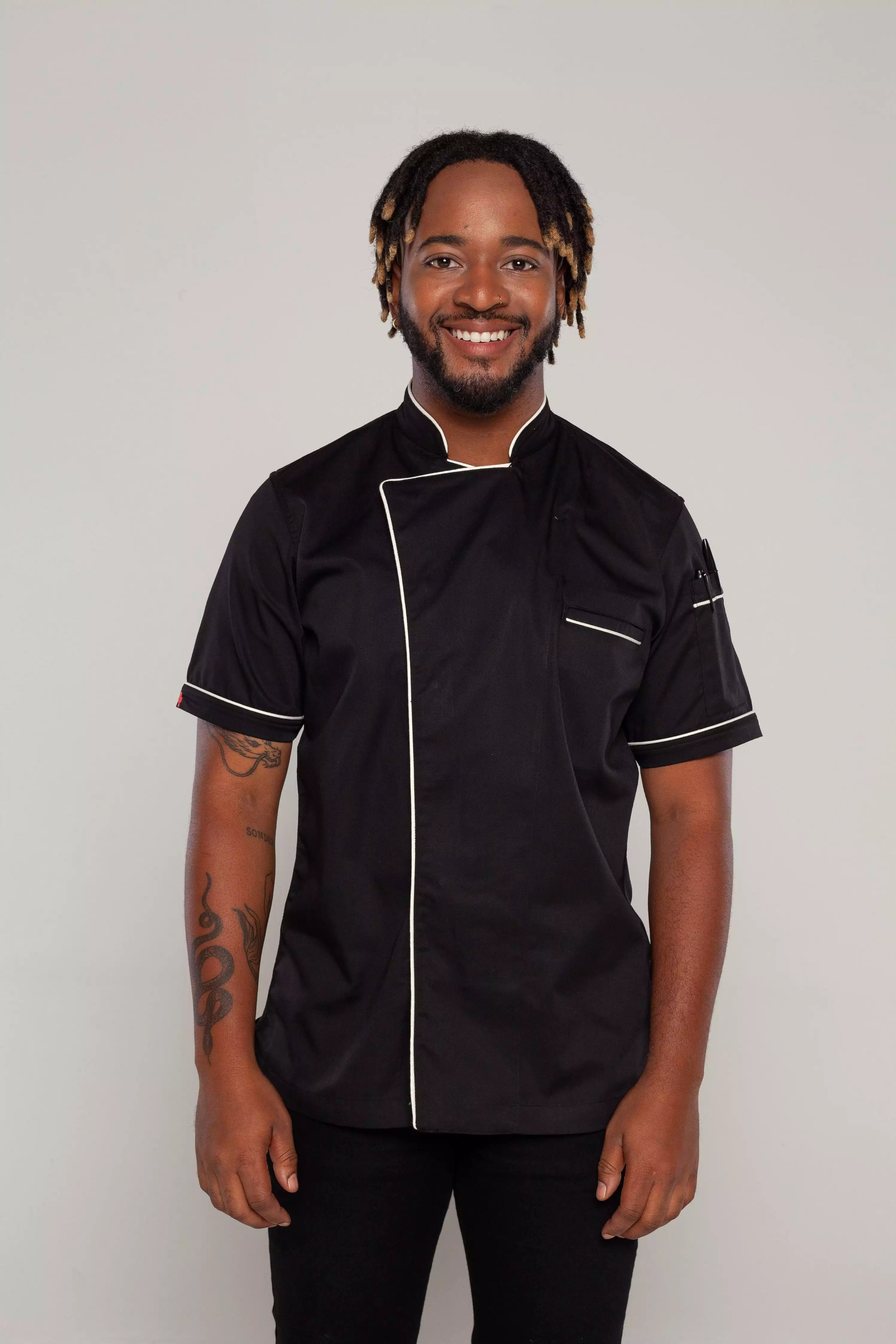 Chef jacket black with white trim and coolvent Bridge