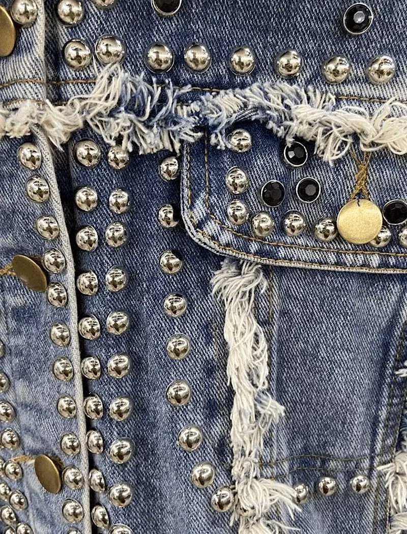 Detachable Fur Trimmed Blue Denim Jacket With Studs