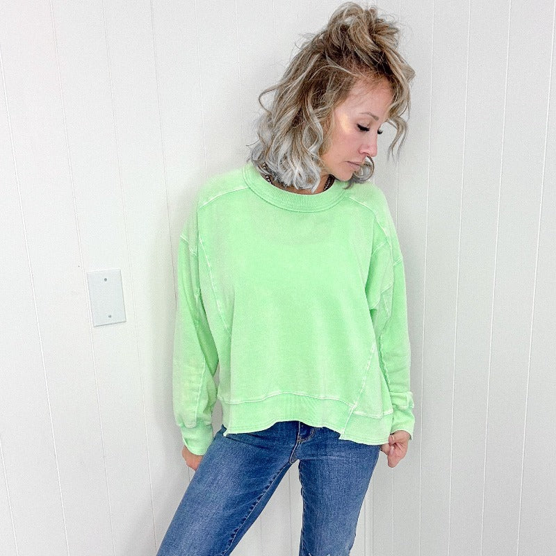 Easel Washed Lime Lightweight Long Sleeve Pullover