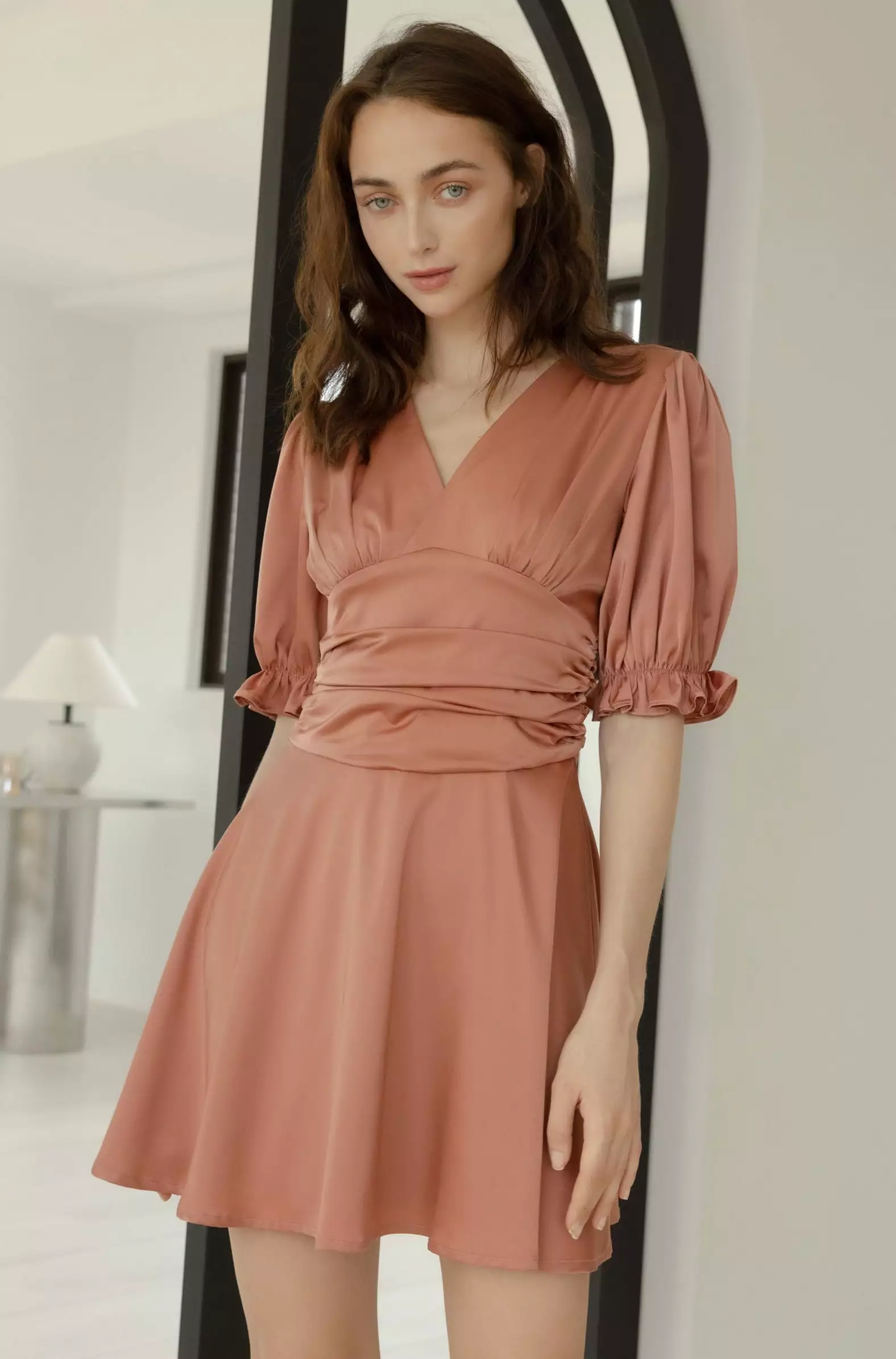 Glorious glam silky ruching dress in coral pink