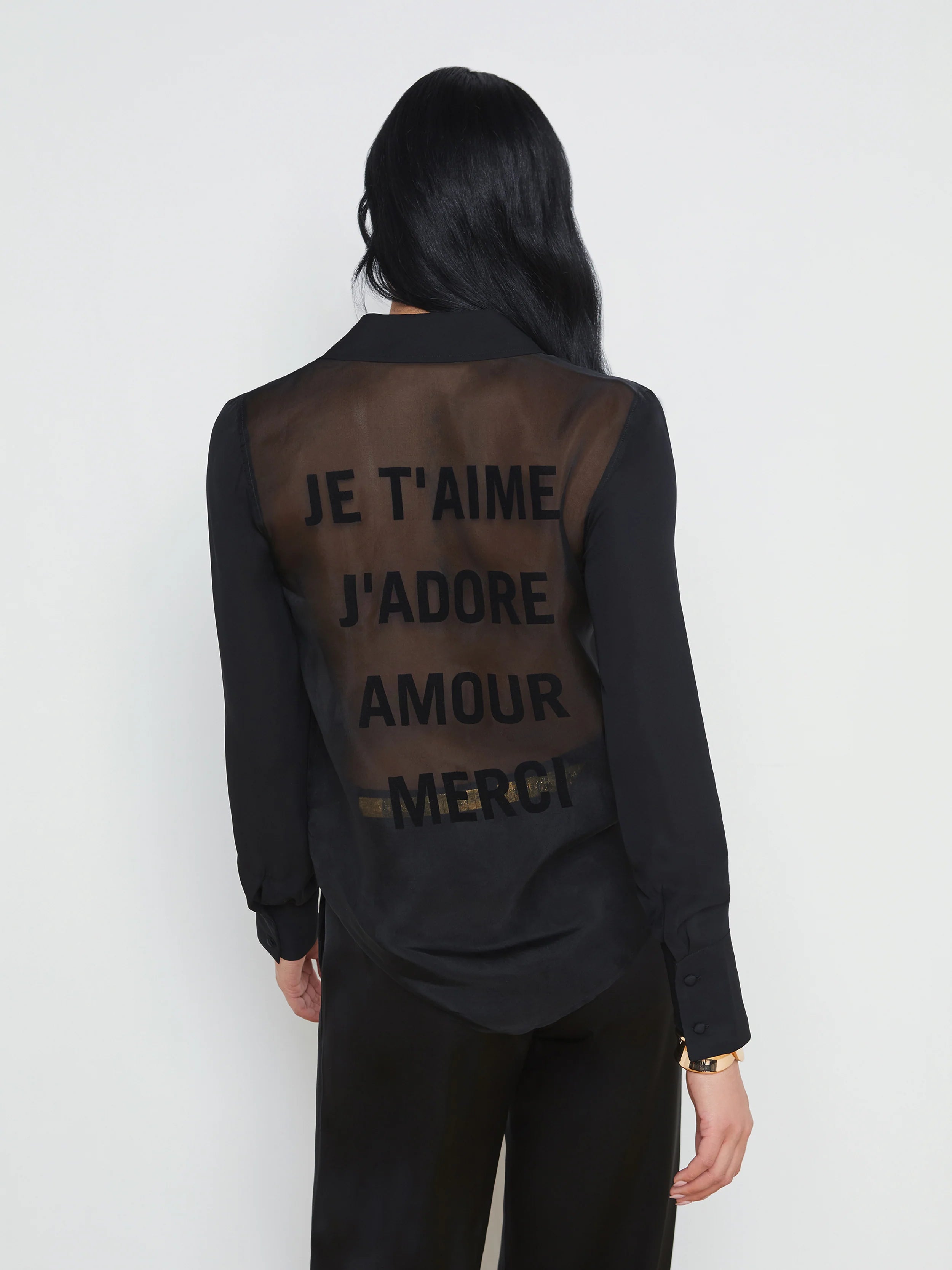 L’agence - Hallie Silk Graphic Back Blouse - Black French Words