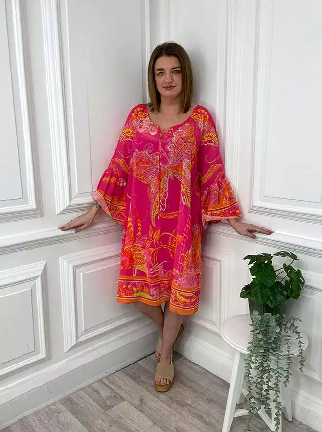 Malissa J Butterfly Print Kaftan Tunic - Hot Pink