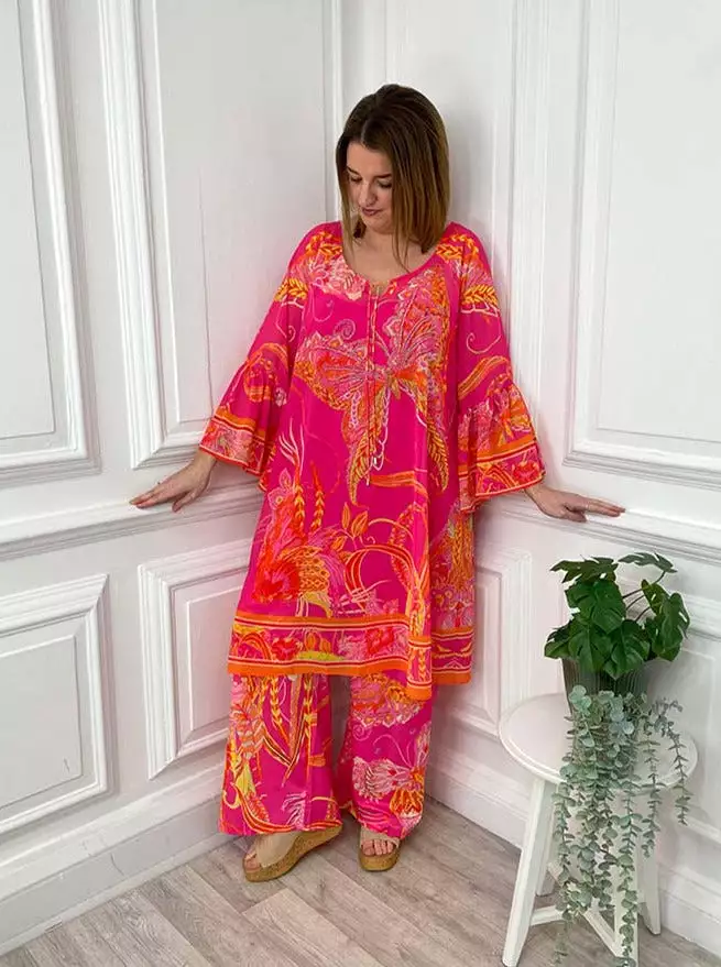 Malissa J Butterfly Print Kaftan Tunic - Hot Pink