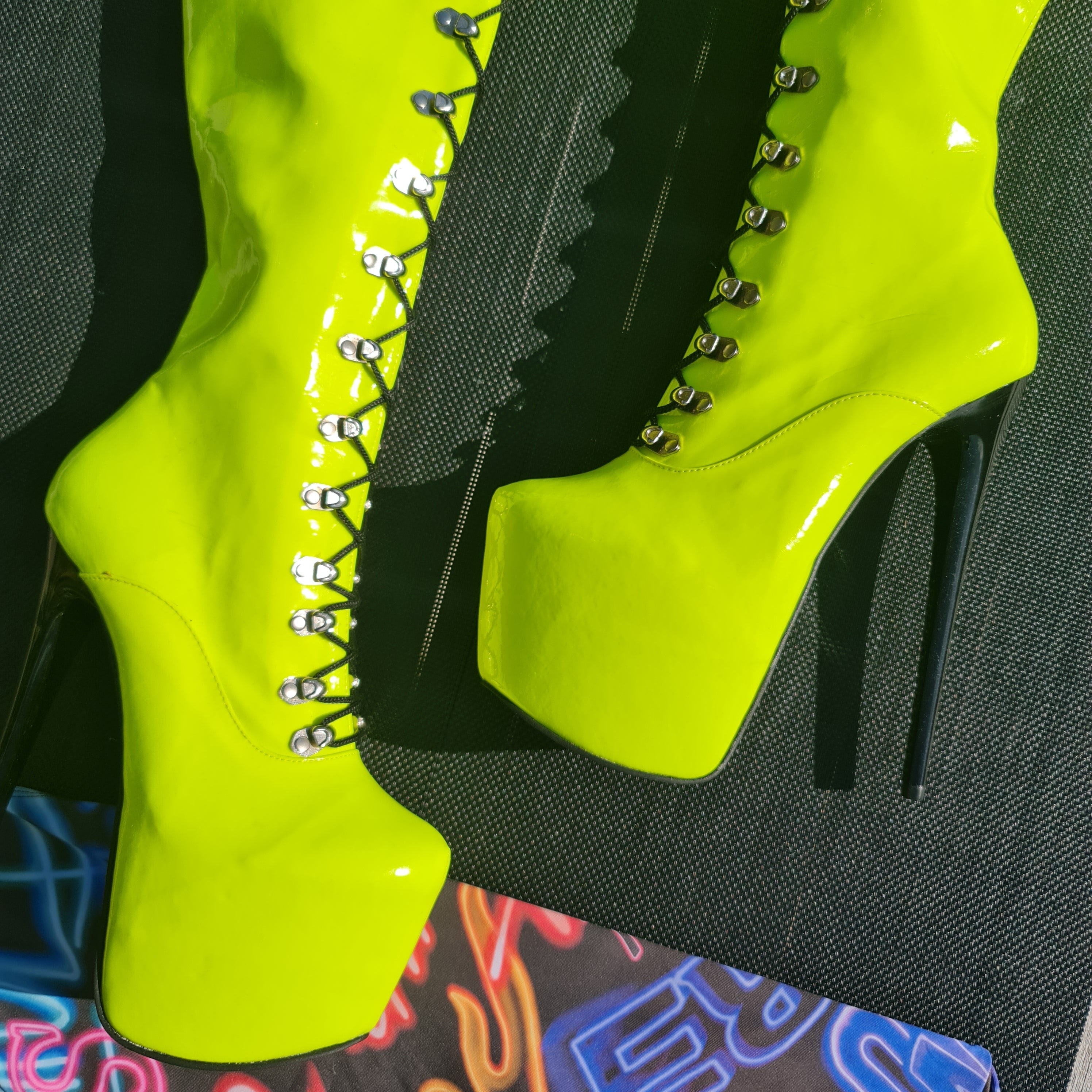 Neon Yellow Military Style Lace Up Heel Boots