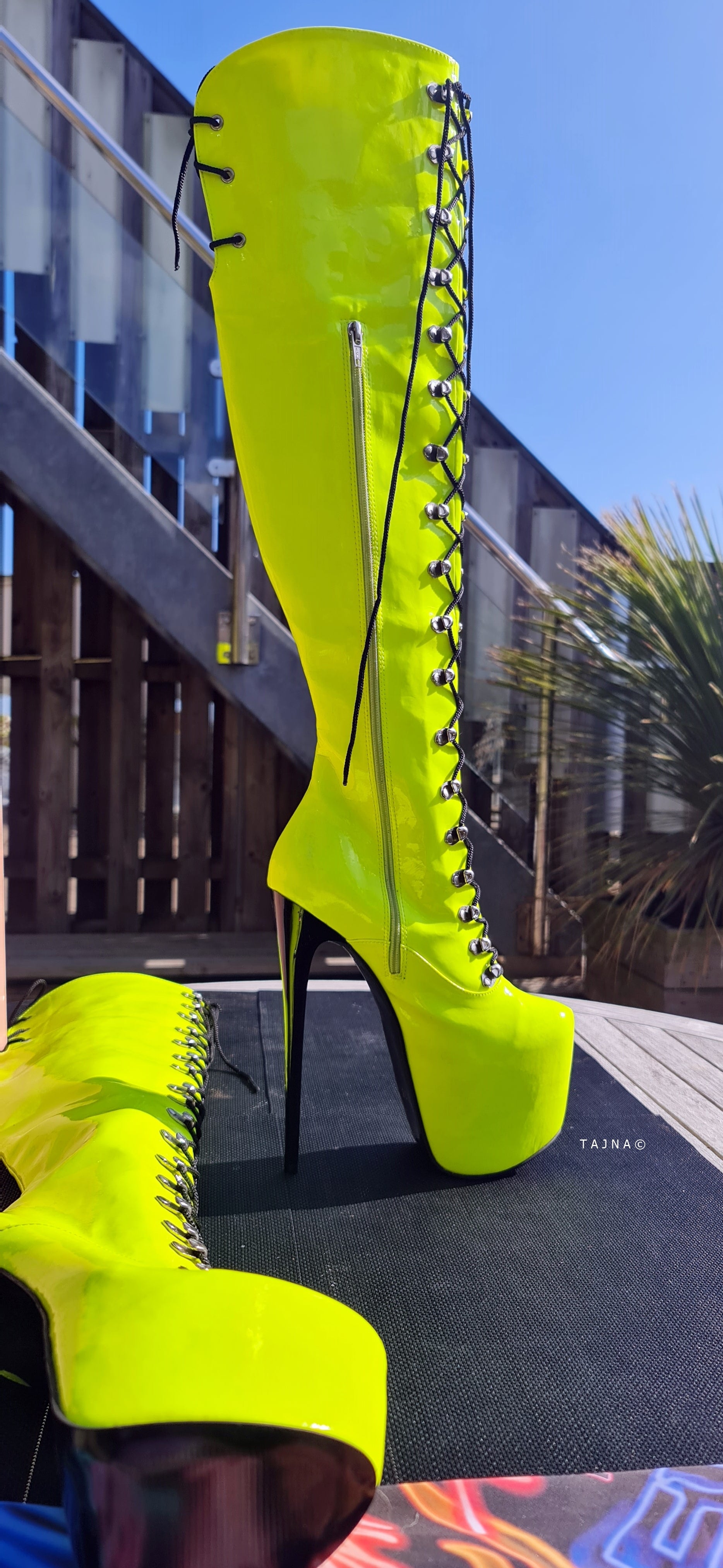 Neon Yellow Military Style Lace Up Heel Boots