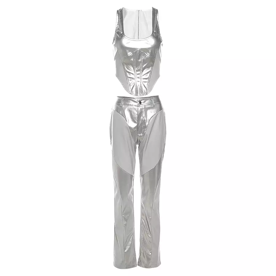 New Arrivals PU Silver 2 Piece Set Women Corset Tops+ Pants Women's Sets Leather 2 Piece Set Women