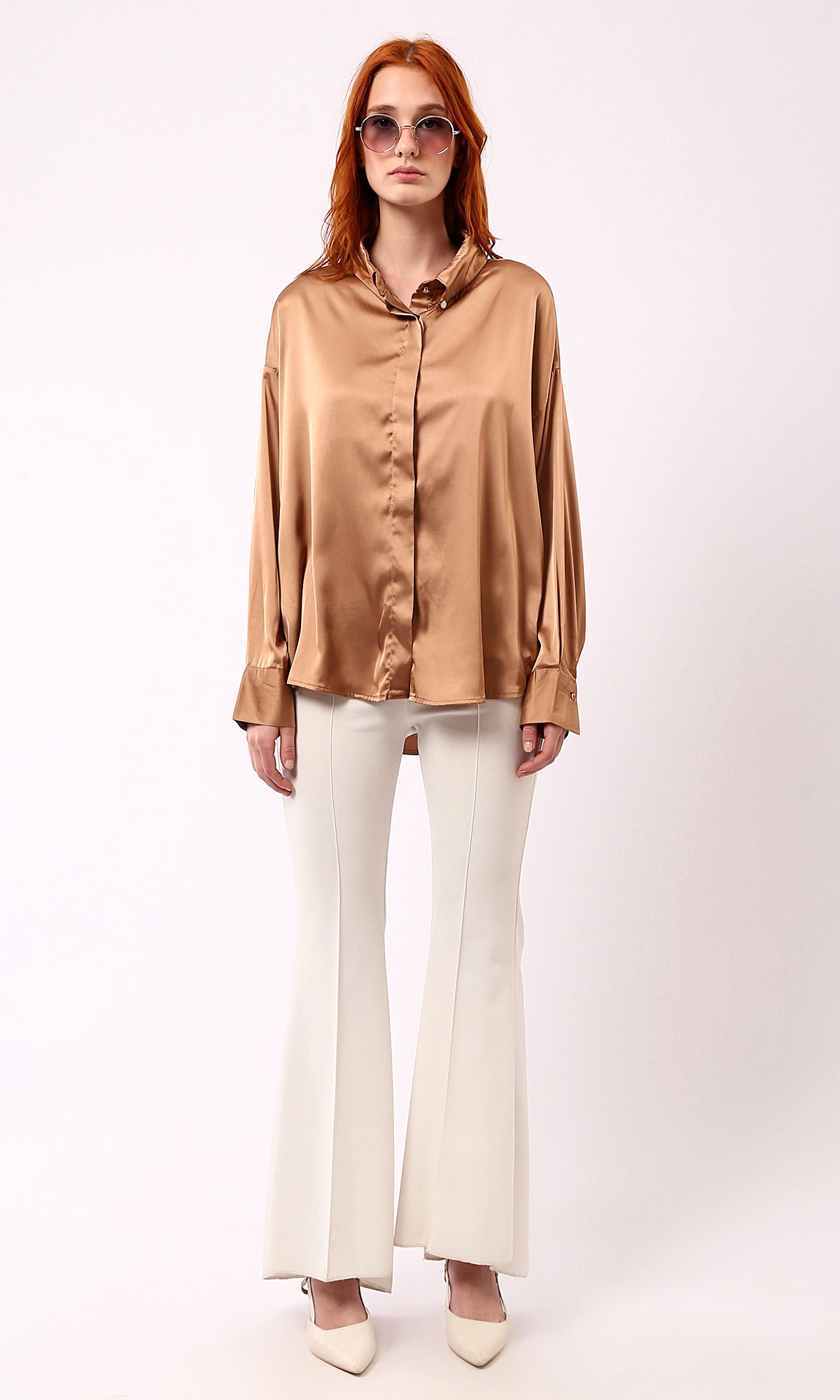 O181651 Shiny Copper Long Sleeves Solid Evening Shirt