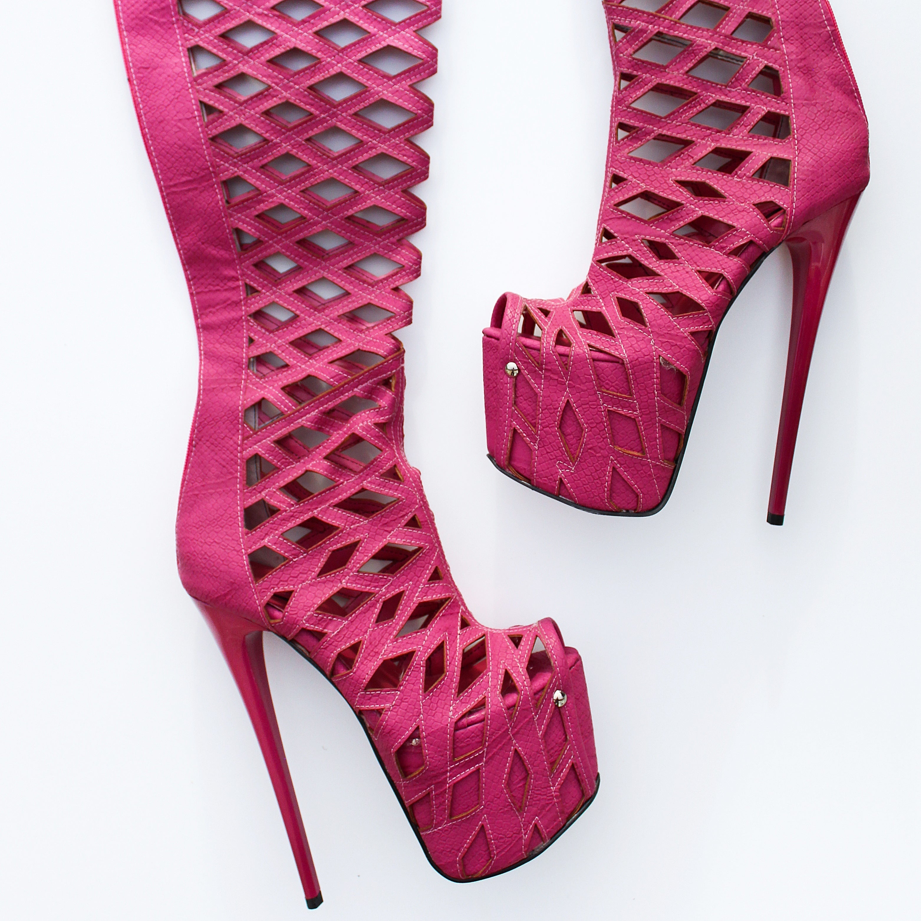 Pink Laser Cut Thigh High Boots