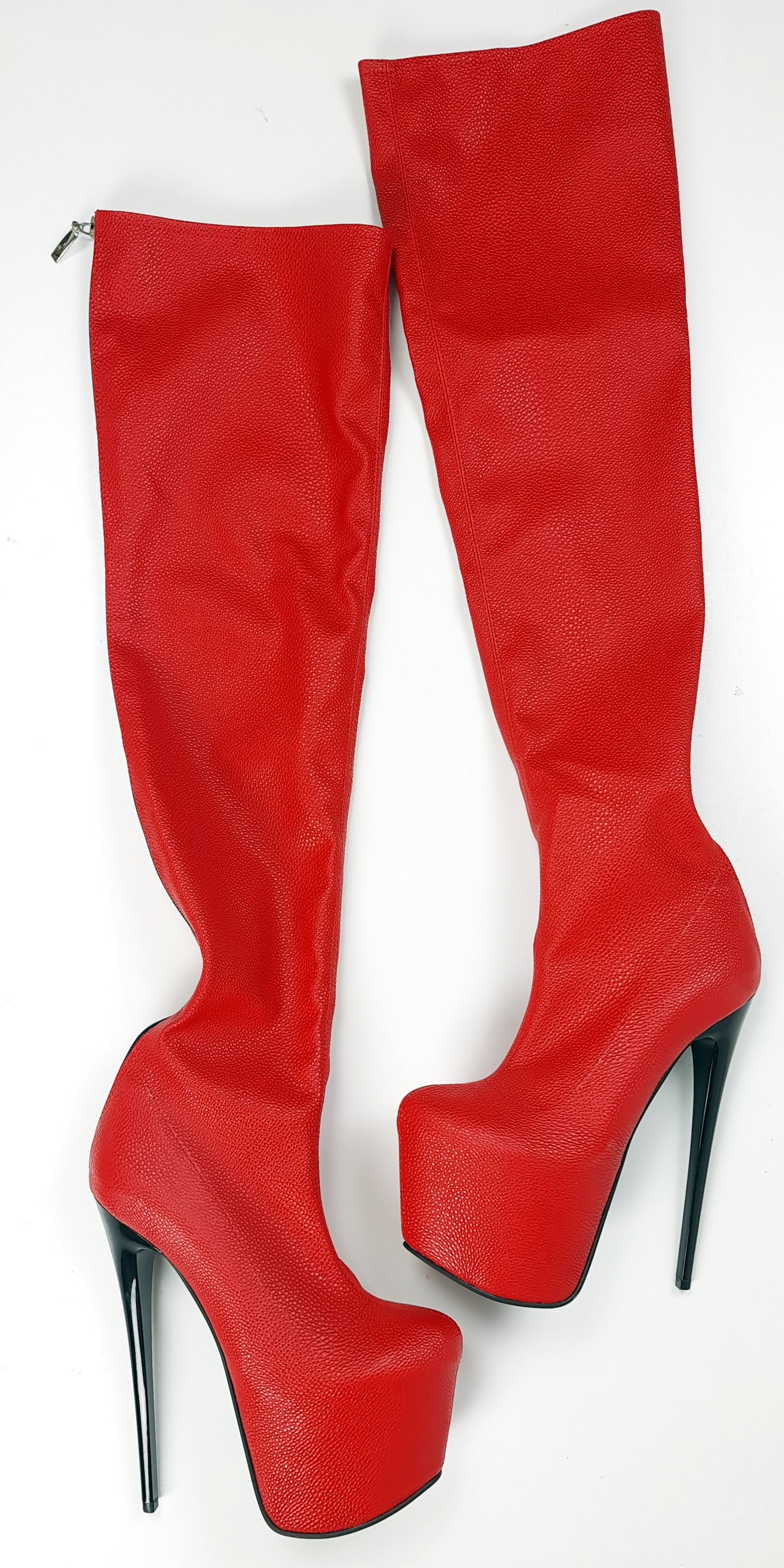 Red Back Zipper Matte High Heel Thigh High Boots