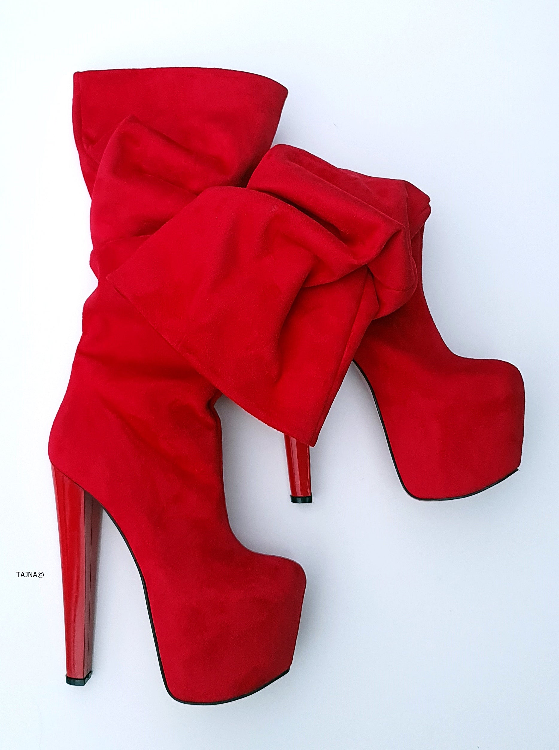 Red Suede Mid-Calf Chunky Heel Boots