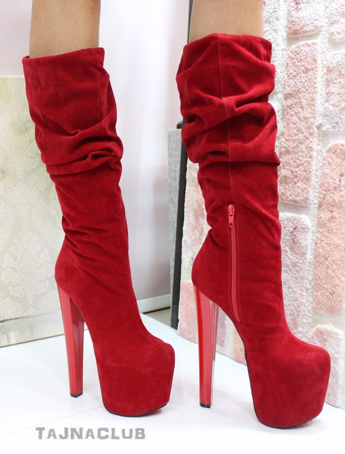 Red Suede Mid-Calf Chunky Heel Boots