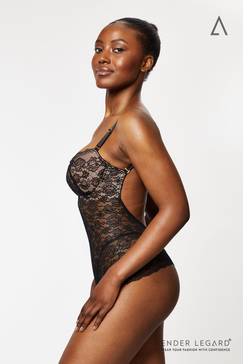 UMA Backless Lace Bodysuit with Balconette Cups (Black)