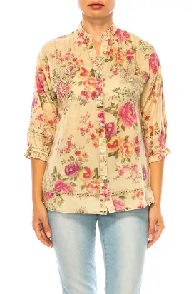 Vintage Floral Button Down Tunic with Embroidery and Lace