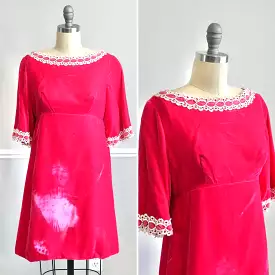 Vintage late 1960s Hot Pink Velvet Mini Dress / retro babydoll empire waist party holiday scooter dress size XS S