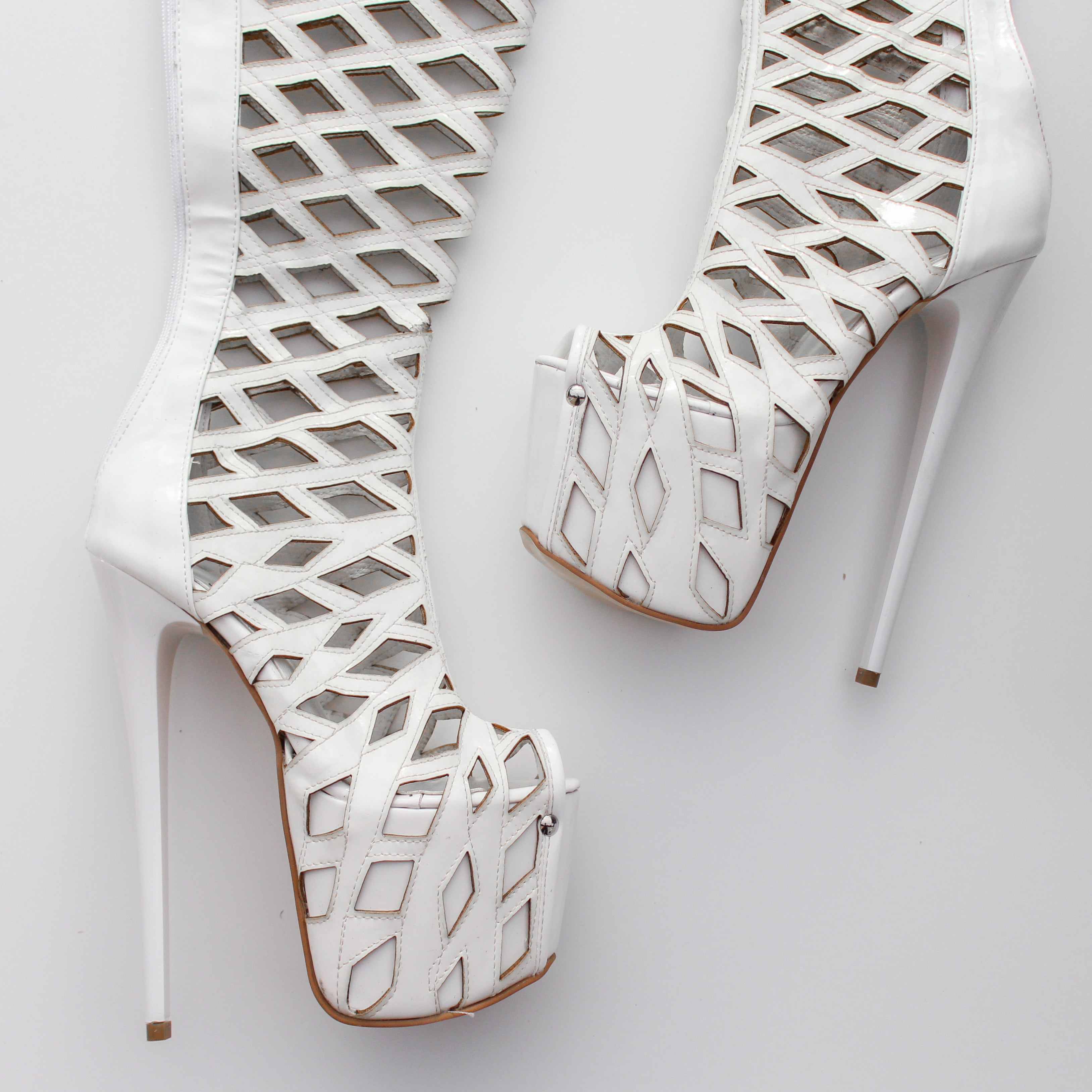 White Laser Cut Thigh High Boots