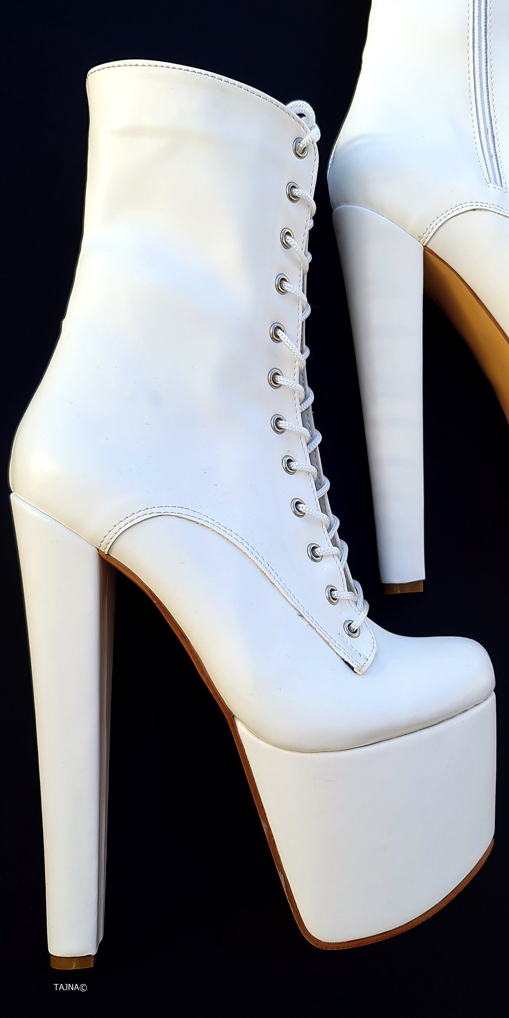 White Matte Lace Up High Heel Combat Style Boots