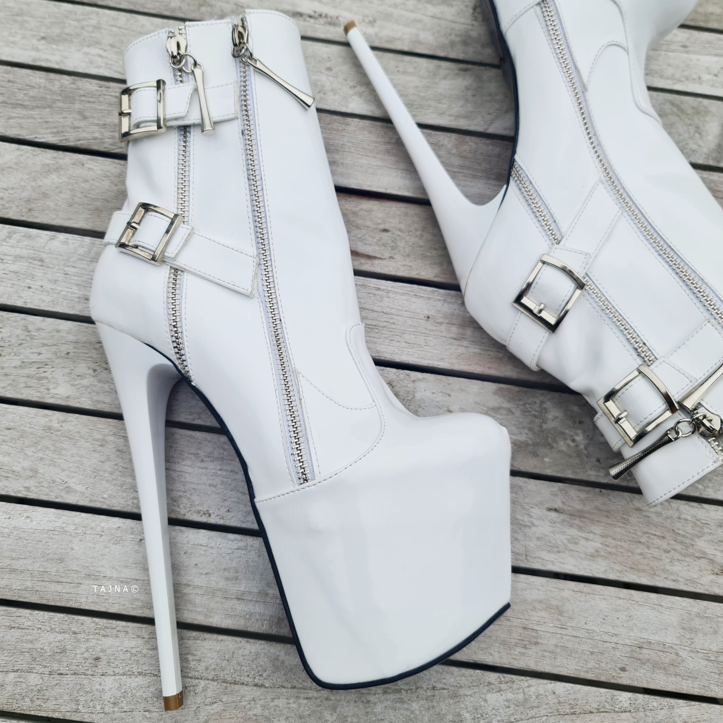 White Rocker Double Zip Belted High Heel Boots