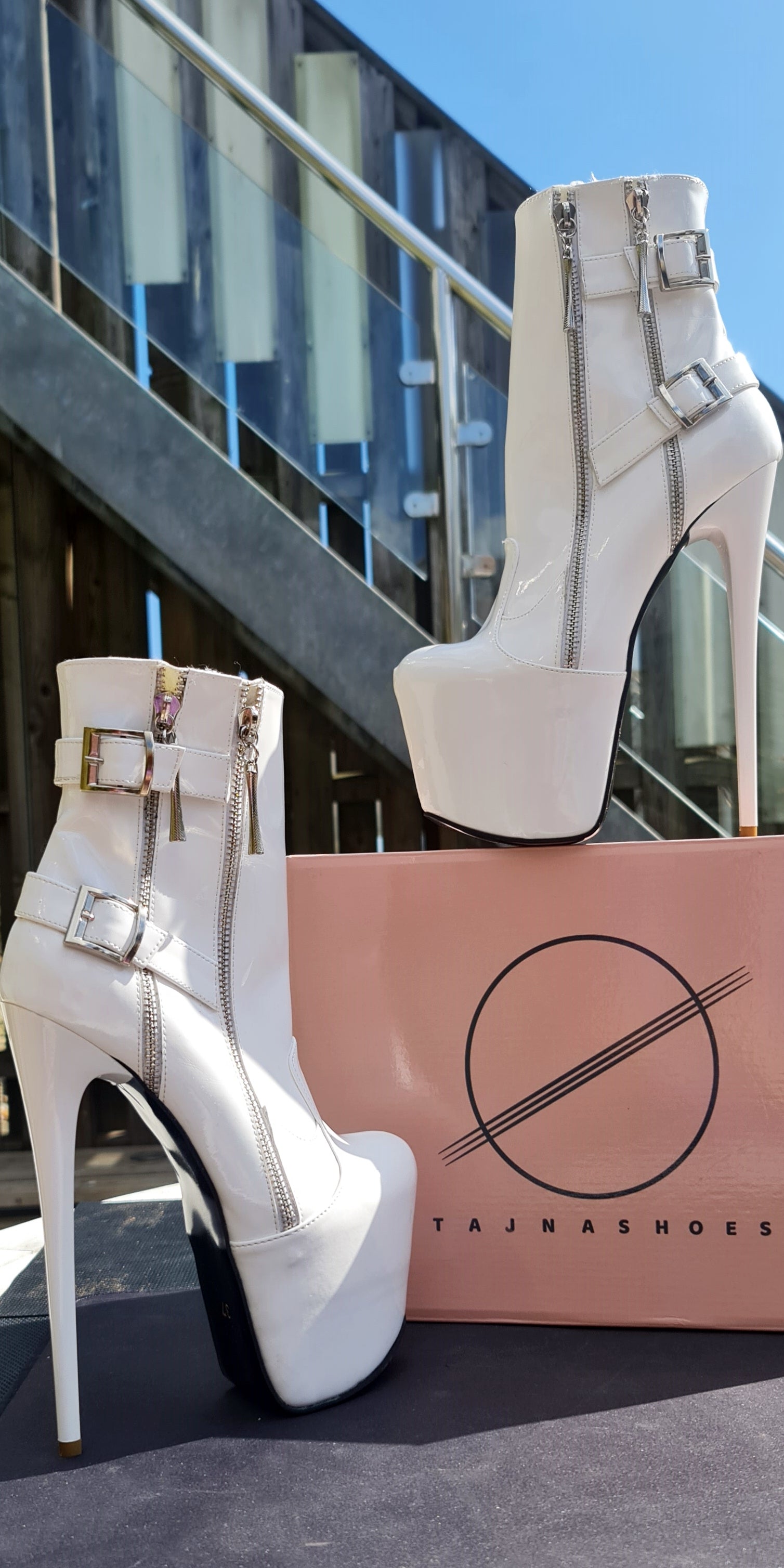 White Rocker Double Zip Belted High Heel Boots