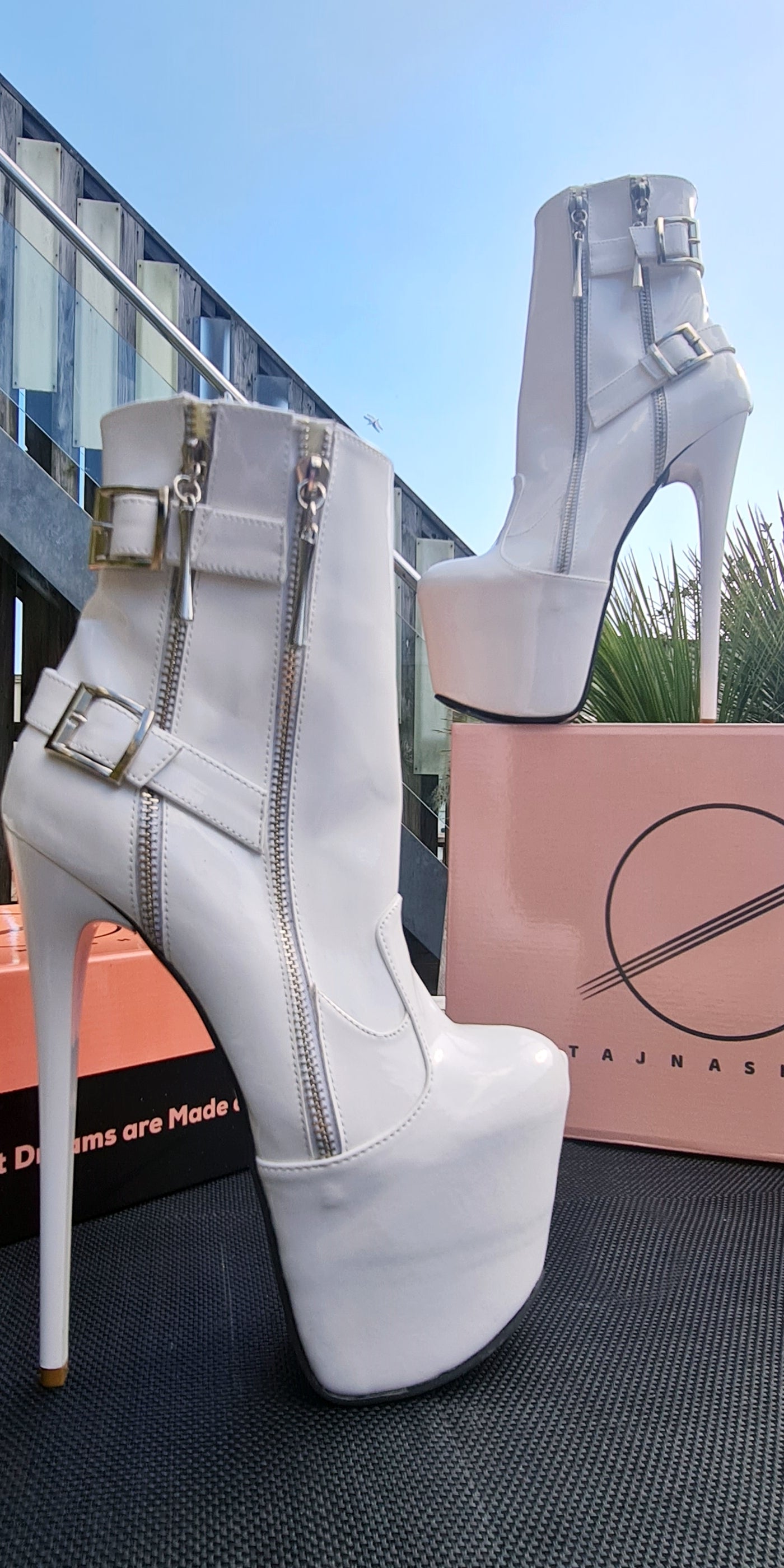 White Rocker Double Zip Belted High Heel Boots