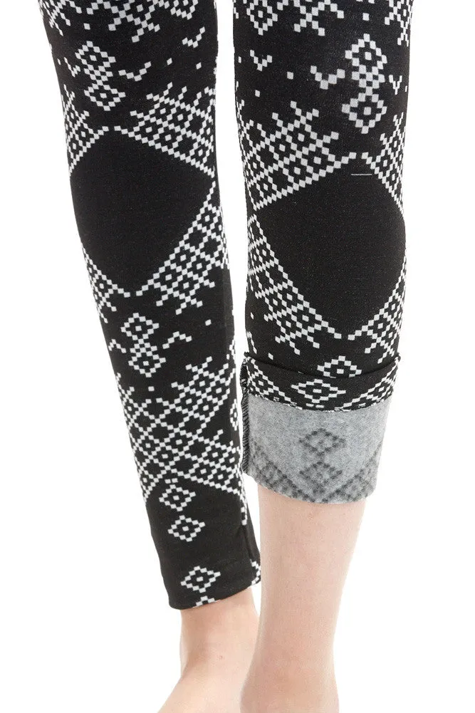 Women's Regular Diamond Black and White Fleece Leggings